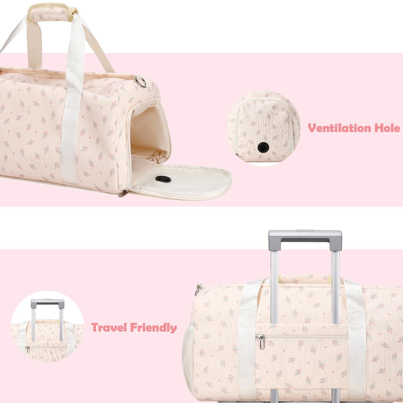 Kimwadalh Travel Duffle Bags with Wet & Shoe Compartments for Girls Women | Dry/Wet Pockets & Shoes Compartment Weekender Carry On Tote Sport Bags for Girls, Mommy Hospital Bag for Labor and Delivery Flower Pink