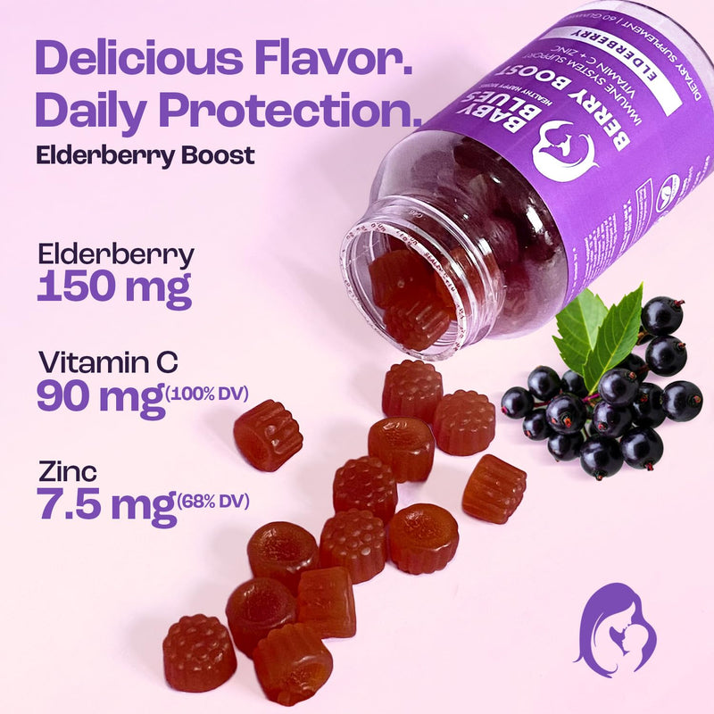 Baby Blues Berry Boost Elderberry Gummies for Women, Postnatal Immune Support with Vitamin C and Zinc for Moms, Postpartum and Breastfeeding, Dark Cherry, Vegan, 60 Count