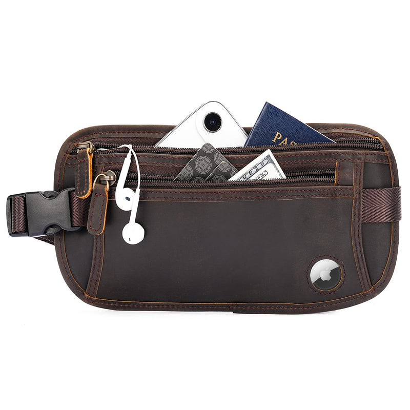 Polare Leather Money Belt Hidden Passport Holder Travel Pouch, AirTag Slot | Full Grain Cowhide Leather, RFID Protection, Travel Passport Wallet, Slim Undercover Waist Bag