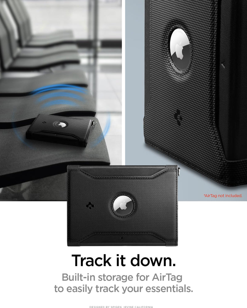 Spigen Life Passport Card Cover Holder, RFID Blocking | Travel Document Organizer, SIM Card Pin Included - Black Black - with AirTag Holder