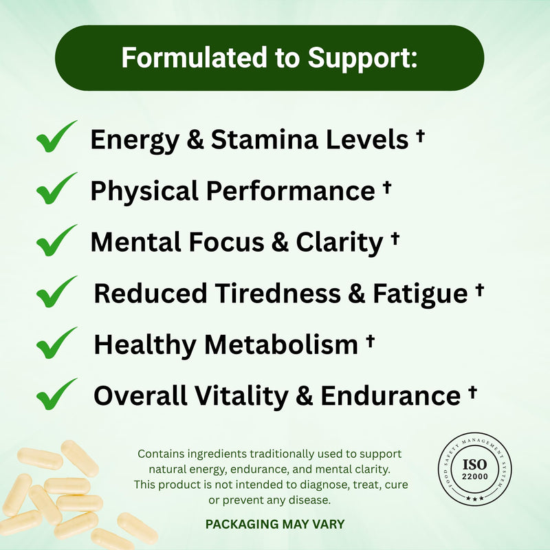 EnergAid Energy & Stamina Supplement | Natural Caffeine-Free Pre-Workout with Korean Ginseng, CoQ10, Rhodiola & B Vitamins | Reduces Fatigue, Supports Focus & Metabolism | Vegan | Made in UK