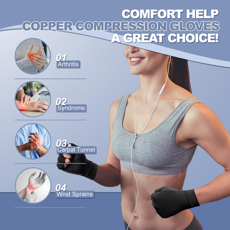DRNAIETY 2 Pairs Copper Arthritis Compression Gloves for Women and Men, for Arthritis Hand Pain, Anti-Slip, Fingerless, Comfortable for Work, Kept in Motion (Small) Small