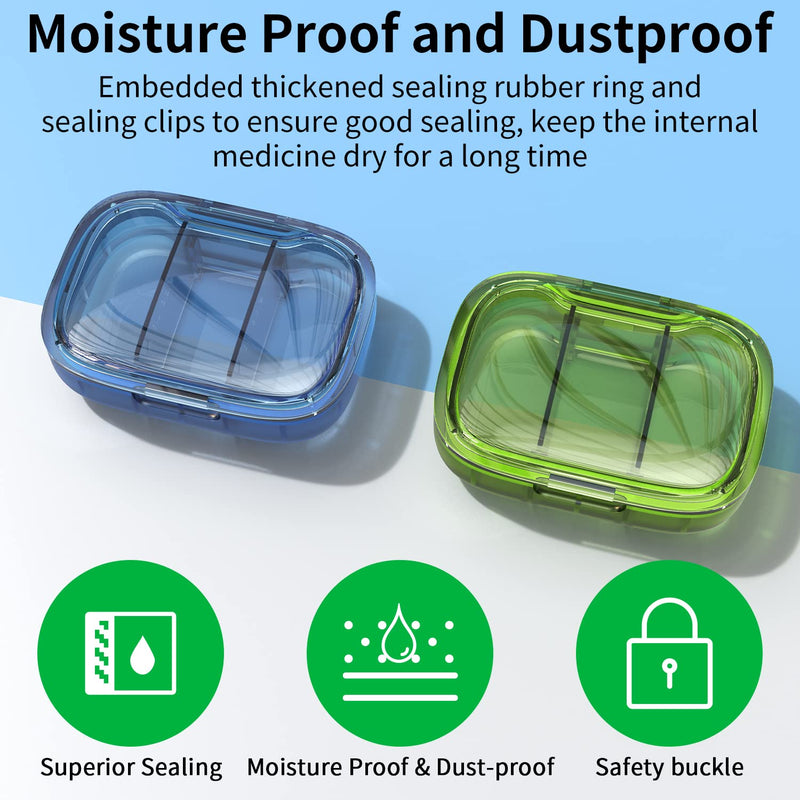 [Australia] - 2 Pack 3 Compartment Small Pill Box, Moisture Proof Pill Case, Travel Pill Organizer for Pocket Purse, Daily Portable Medicine Vitamin Box, Fish Oil Box, Supplement Box Green+blue 