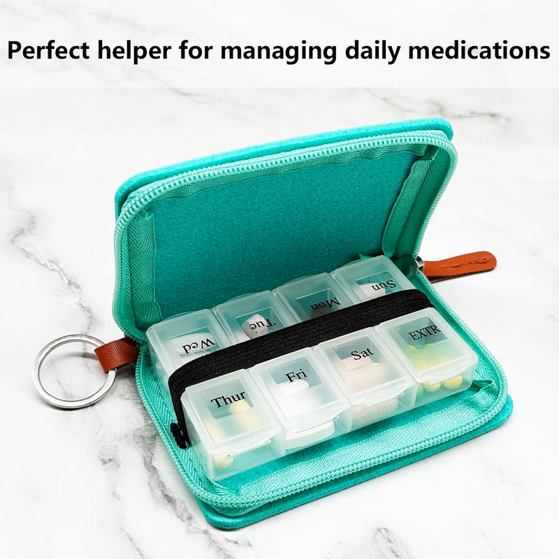 Pill Case for Vitamin and Supplement Organizer, EFFIET 7-Day Portable Cute Little Pill Box with Fabric Cover (Green) Green
