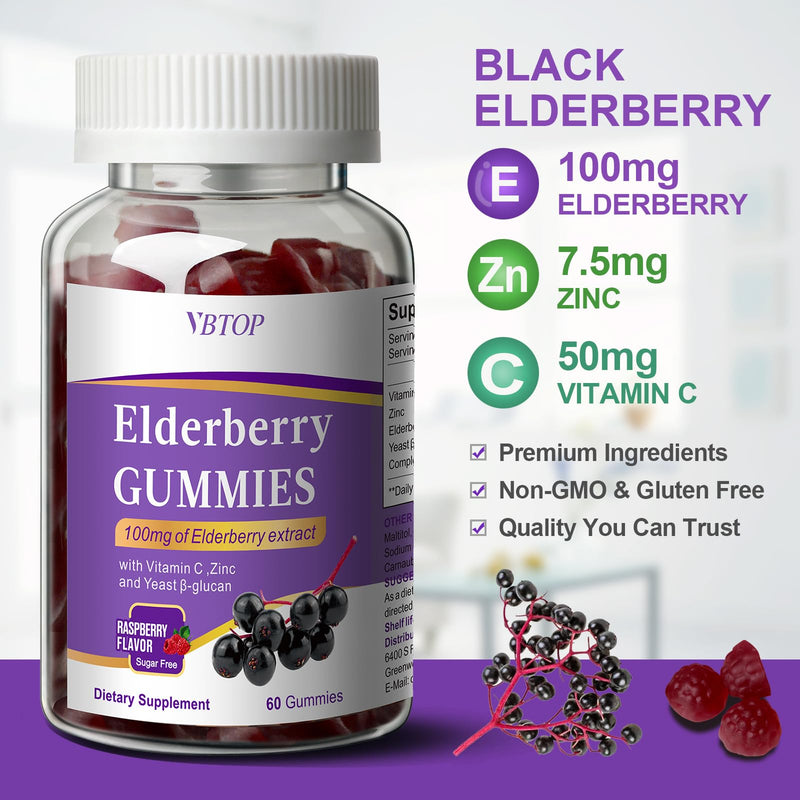 Sambucus Elderberry Immune Gummies, 5-in-1 with Vitamin C & Zinc, 60 Count | Sugar Free Elderberry Supplement for Adults & Kids 4+, Gluten Free & Vegetarian 1 bottle