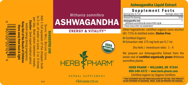 [Australia] - Herb Pharm Certified Organic Ashwagandha Extract for Energy and Vitality, Organic Cane Alcohol, 4 Ounce 4 Fl Oz (Pack of 1) 