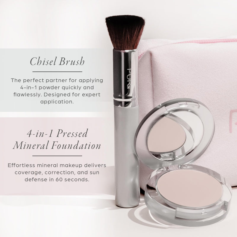 [Australia] - PÜR Minerals Multitasking Essentials Kit - Makeup Gift Set Includes 4-in-1 Correcting Primer, Fully Charged Mascara, 4-in-1 Pressed Mineral Powder & 1 Chisel Brush MN5/Golden Medium 
