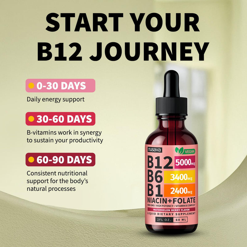 NUSAVA B12 Liquid Drops 5000mcg, Watermelon Berry, Pack of 2 | Energy, Brain and Heart Support, Methylcobalamin B12 with B6 and B Complex, Vegan, Sublingual Drops for Women and Men 2 Fl Oz (Pack of 2)
