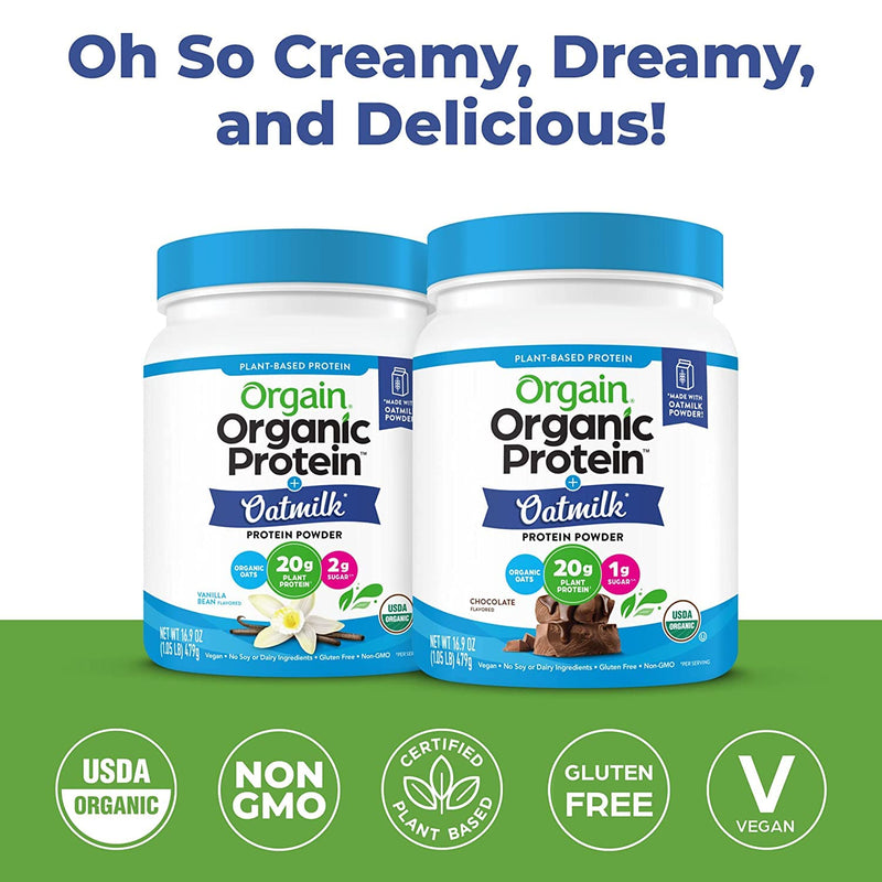 [Australia] - Orgain Organic Vegan Protein Powder + Oat Milk, Vanilla Bean - 20g Plant Based Protein, Gluten Free, No Dairy, Soy or Lactose Ingredients, Low Sugar, Non-GMO, Kosher, For Shakes & Smoothies - 1.05lb 12 Servings (Pack of 1) 