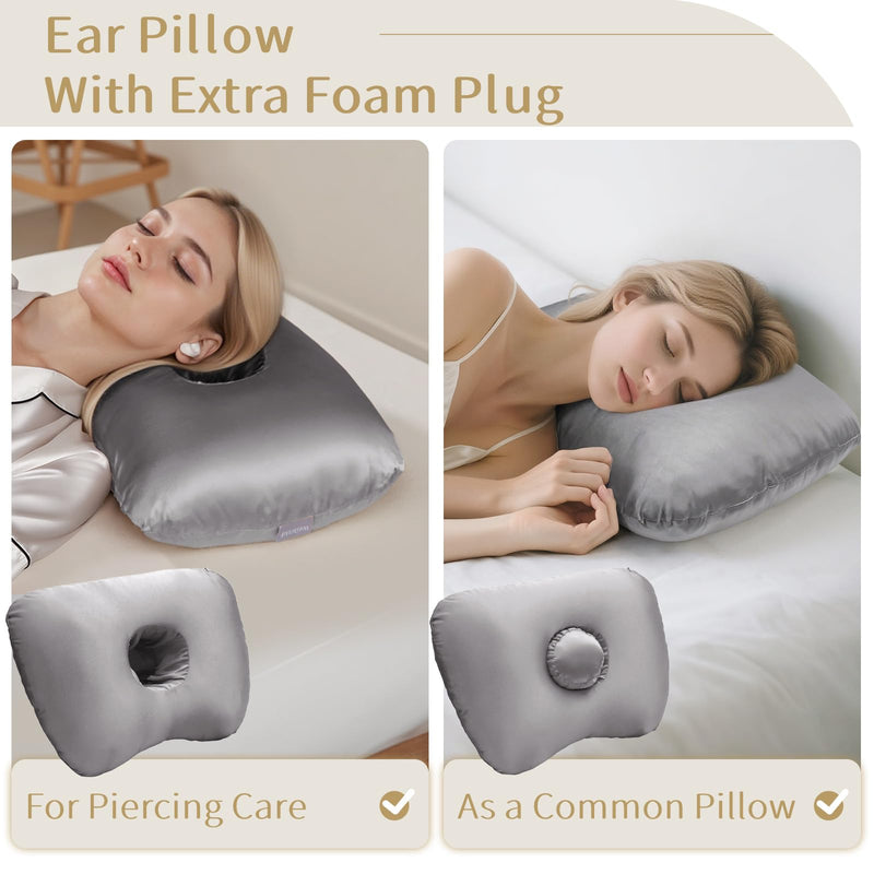 [Australia] - Piercing Pillow - Ear Piercing Pillow With Foam Plug, Adjust Shredded Memory Foam Picrcing Pillow For Side Sleepers, Donut Pillow For Ear With 4x4'' Hole, Ergonomic Curved Design, Silver Grey 16x11x4in 