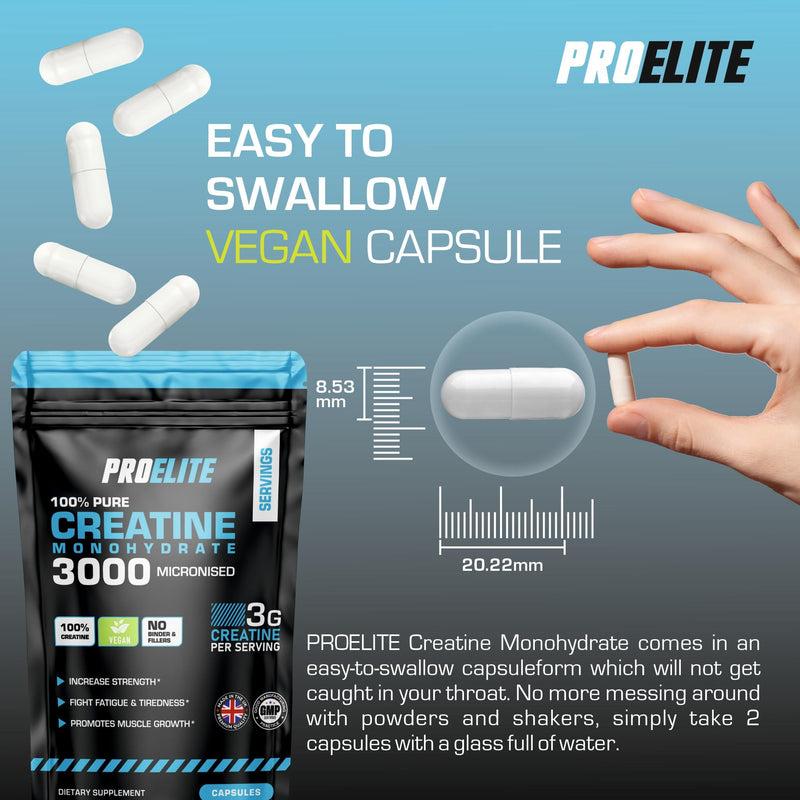 Creatine Capsules x 360 Vegan 3000mg of Unflavoured Creatine Monohydrate per Serving, NO FILLERS & Binders Micronised Pure Creatine Tablets Alternative by PROELITE 360 count (Pack of 1)
