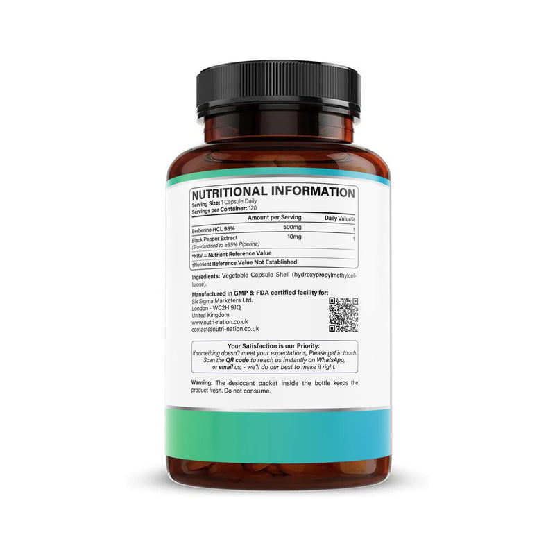 Berberine high Strength Supplement-510Mg Per Capsule- 4 Months Supply -120 Vegan Capsules 98% Pure Berberine HCL with Black Pepper Extract for Improved Absorption- Non-GMO-lab-Tested