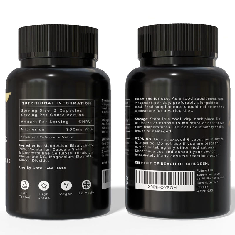 Magnesium Glycinate - 180 High Strength Capsules - 1500mg of Mag G Providing 300mg Elemental Magnesium Per Serving - Supplements Made in The UK - Futuro Labs 180 count (Pack of 1)