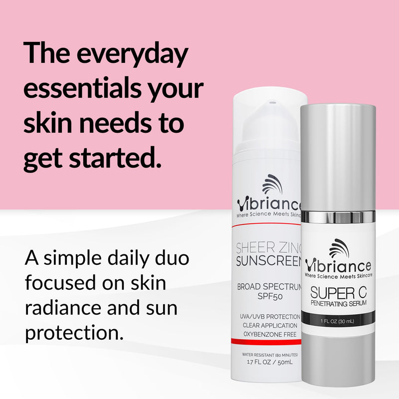 Vibriance Simple Skincare Essentials Bundle | Super C Vitamin Serum, Sheer Zinc Sunscreen SPF 50 Skin Care Set - Nourish, Protect, Illuminate