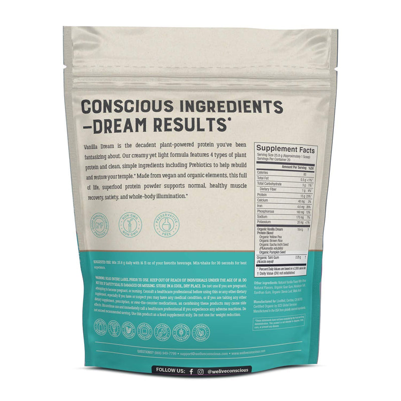 [Australia] - Live Conscious Organic Pea Protein Powder - Vanilla Dream Flavor | Plant-Based Vegan Protein Blend - Pea, Brown Rice, Pumpkin, Sacha Inchi | 20 Servings 18 oz 20 Servings (Pack of 1) 