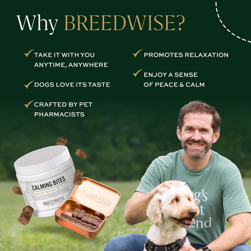 Breedwise Calming Bites All Natural Holistic Anxiety and Stress Reducing Hickory Bacon Flavored Dog Treats, 60 Count Jar - PawsPlanet Australia