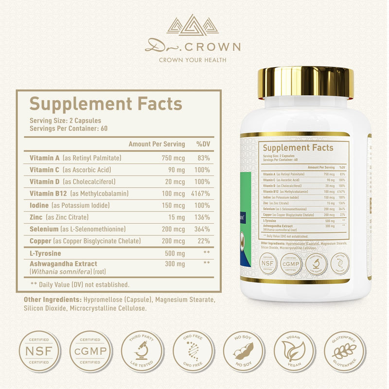 Thyroid Health Complex, Thyroid Support for Women and Men | with Ashwagandha, L-Tyrosine & Vitamins B12, Selenium, Iodine, Zinc, for Energy and Metabolism Support - 120 Capsules