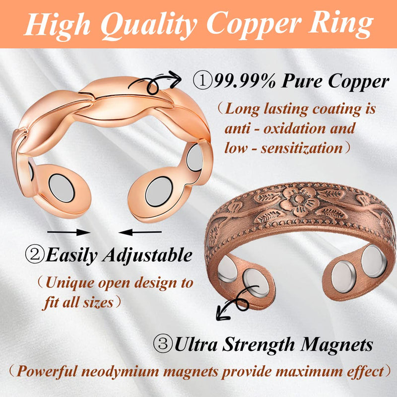 2PCS Copper Rings for Women Adjustable Solid Pure Copper Ring with Jewelry Gift Box for Birthday Anniversary 1-Fishtail & Copper Rose Gold