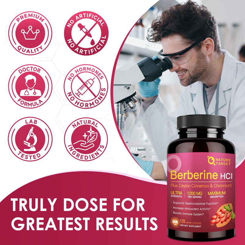 [Australia] - NATURE TARGET Berberine HCl 1200mg, Berberine Supplement with Ceylon Cinnamon, Chromium - Supports Immune, Gastrointestinal & Heart Health, Non-GMO, 120 Capsules 120 Count (Pack of 1) 