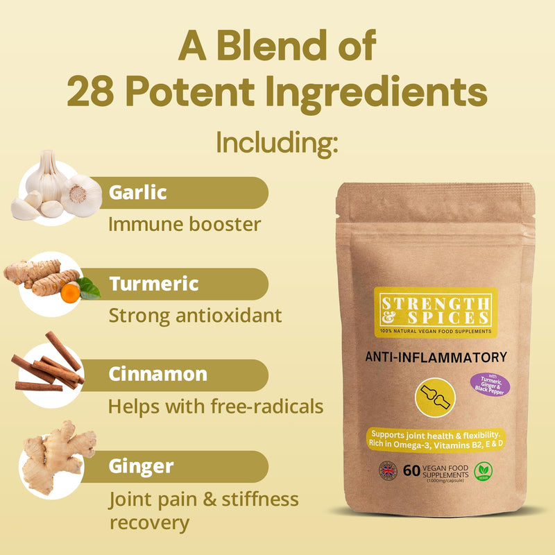 Strength & Spices Anti-inflammatory, Muscle and Joint Care Supplements for Mobility and Recovery, Turmeric Capsules with 28 Powerful Ingredients, Vegan and All-Natural, 1000mg, 60 Capsules, Refill Paper Bag