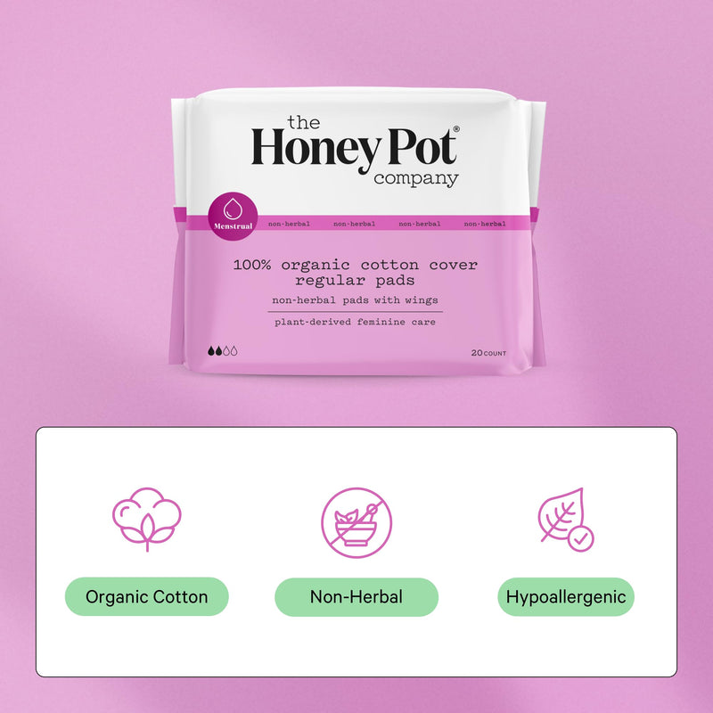 [Australia] - The Honey Pot Company - Pads for Women - Non-Herbal Regular Flow w/Wings - Organic Cotton Cover & Ultra-Absorbent Pulp Core - Sanitary Pads for Women - Feminine Care - FSA & HSA Eligible - 20 ct 20 Count (Pack of 1) 