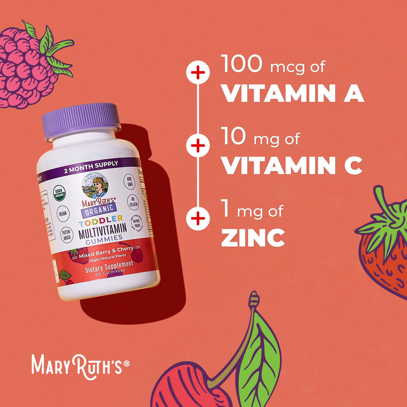 MARYRUTH'S Organic Toddler Multivitamin Gummies, 2 Month Supply, Ages 2+ | Vitamin A, C, D, E, B6, B12, Biotin, Iodine, Zinc, Immunity, Bone & Teeth Health, Skin & Vision Support 60 Count (Pack of 1)