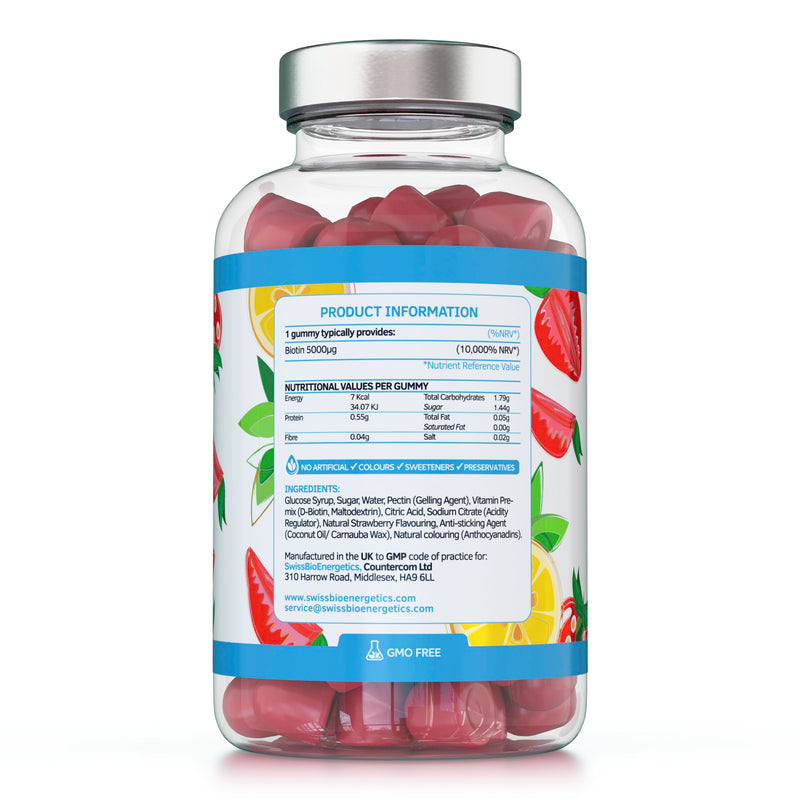 Biotin Gummies 10,000mcg – 60 Vegan Vitamins - Natural Strawberry Flavoured Two Yummy Gummy Daily Dose - Supports Normal Skin & Hair Growth - Chewable - No Artificial Sweeteners – UK Made 60 Gummies
