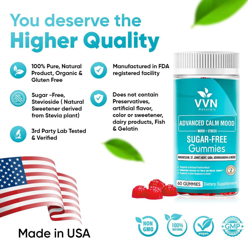 [Australia] - Sugar Free 22 in 1 Calm Mood Gummies St. John's Wort, 5-HTP, GABA, Ashwagandha| Magnesium Glycinate Gummies | Non-GMO, Natural Support Stress & Relaxation, Mood & Energy | Vegan, 60 ct. 