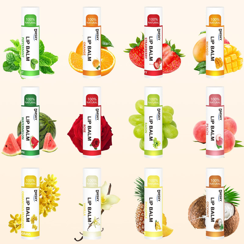 DMSKY 60 Pack Lip Balm Bulk, Natural, 12 Flavors | Hydrates with Vitamin E & Beeswax, Moisturizing Lip Care for Dry Chapped Lips 60 Count