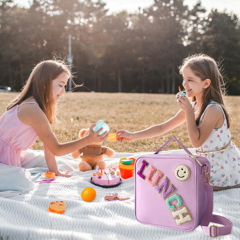 [Australia] - Insulated Lunch Bag With Adjustable Shoulder Strap, Nylon Preppy Lunch Box Large Insulated Lunch Bag Reusable Lunch Tote Bag with Smiley Preppy LunchBag for Girls School Travel Picnic (Purple) Purple 
