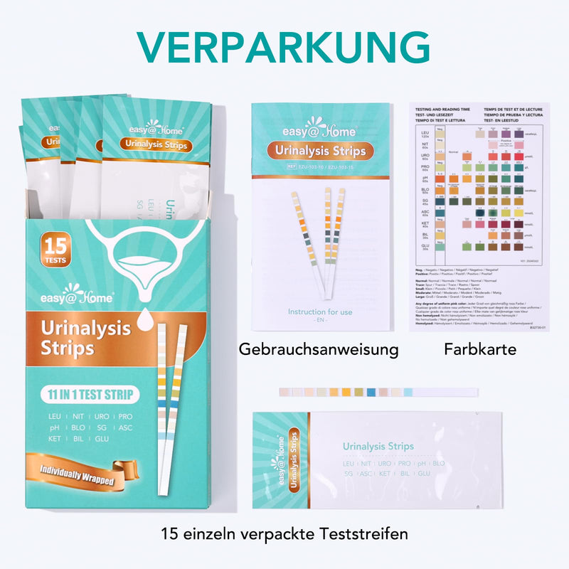[Australia] - Easy@Home 11 parameter urine test strips: 15x urinalysis rapid test - health test for detecting cystitis, urinary tract infection, diabetes, kidney function & more - with color scale 