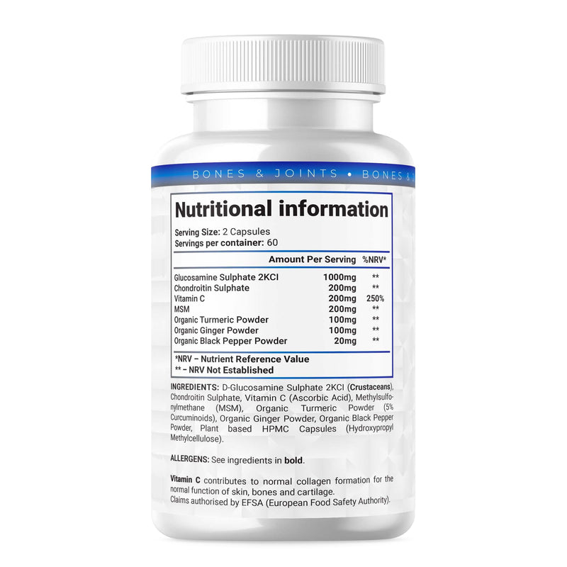 Glucosamine and Chondroitin High Strength Complex with Vitamin C, MSM, Turmeric, Ginger, Black Pepper | 120 Capsules - 2 Month Supply | Joint & Bone Support | UK Made by Shivay Herbals 120 count (Pack of 1)