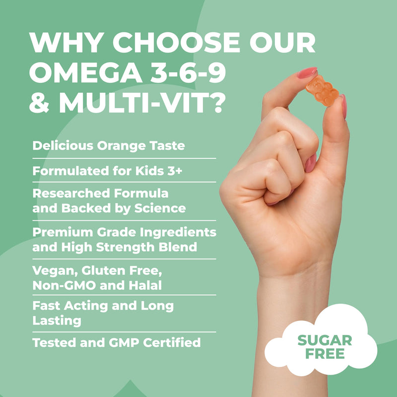 Kids Omega 3, 6 & 9 Gummies – Vegan, Sugar & Gluten-Free | Plant-Based Omega with 8 Essential Vitamins | Chewable Multivitamin for Kids, Tasty Alternative to Fish Oil | 1 Month Supply