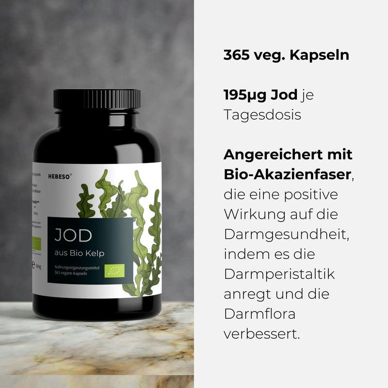 [Australia] - HEBESO® IOD made from organic kelp - 365 vegan capsules - with 195 µg natural iodine per capsule - high-dose extract from brown algae - enriched with organic acacia fibers for intestinal health 