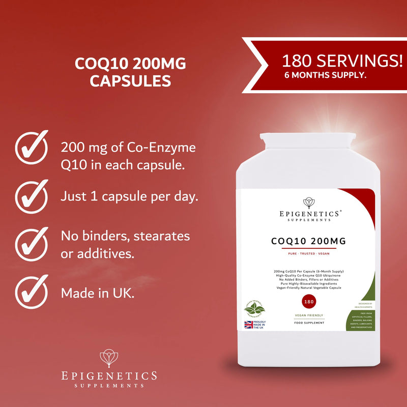 Co-Enzyme Q10 200mg | High-Strength Ubiquinone for Energy & Antioxidant Support | 180 Vegan Capsules UK Made | 1 Capsule Daily (6-Month Supply) | Pure & Bioavailable
