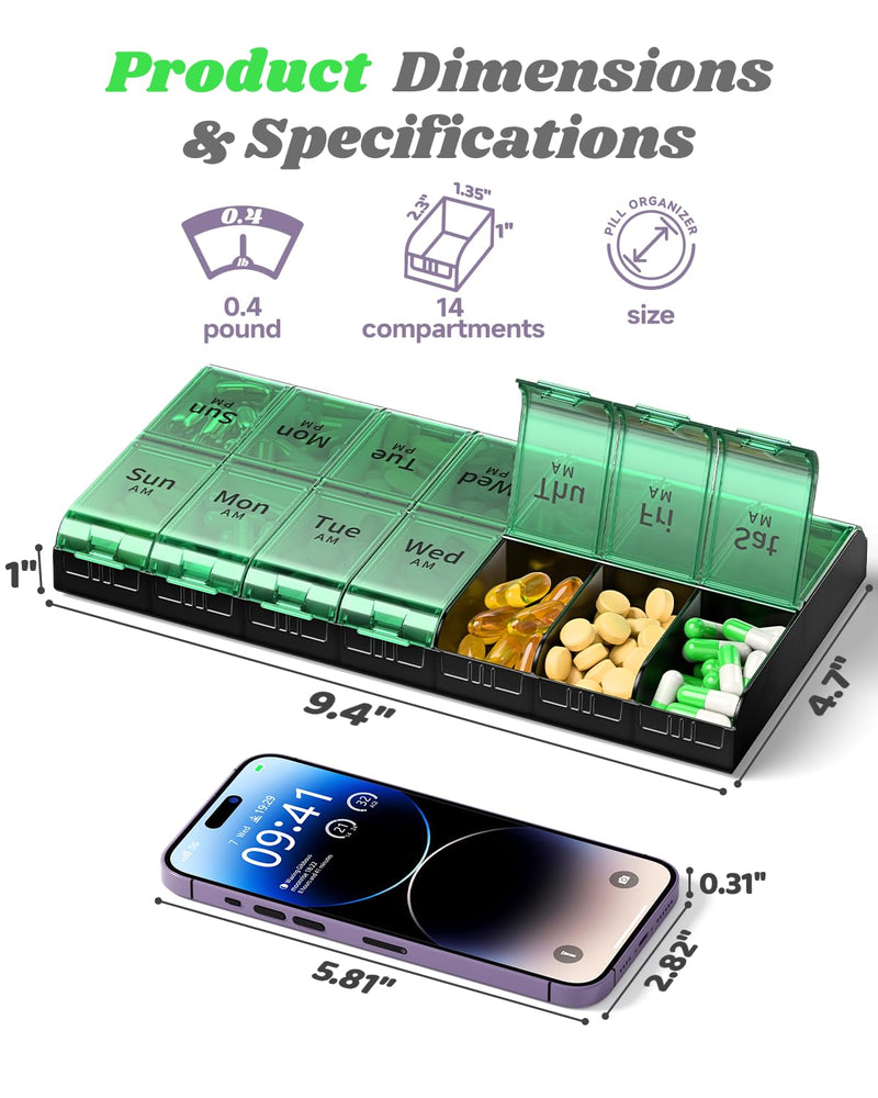 Extra Large Pill Organizer 2 Times a Day, XL 7 Day Pill Box AM PM, Jumbo Weekly Pill Case, Daily Night Oversized Medicine Organizer, Vitamin Holder, Big Pill Container, Twice a Day Pill Organizer | Easy-Open,High-Capacity,Easy-Open,Senior-Friendly,AM/P...