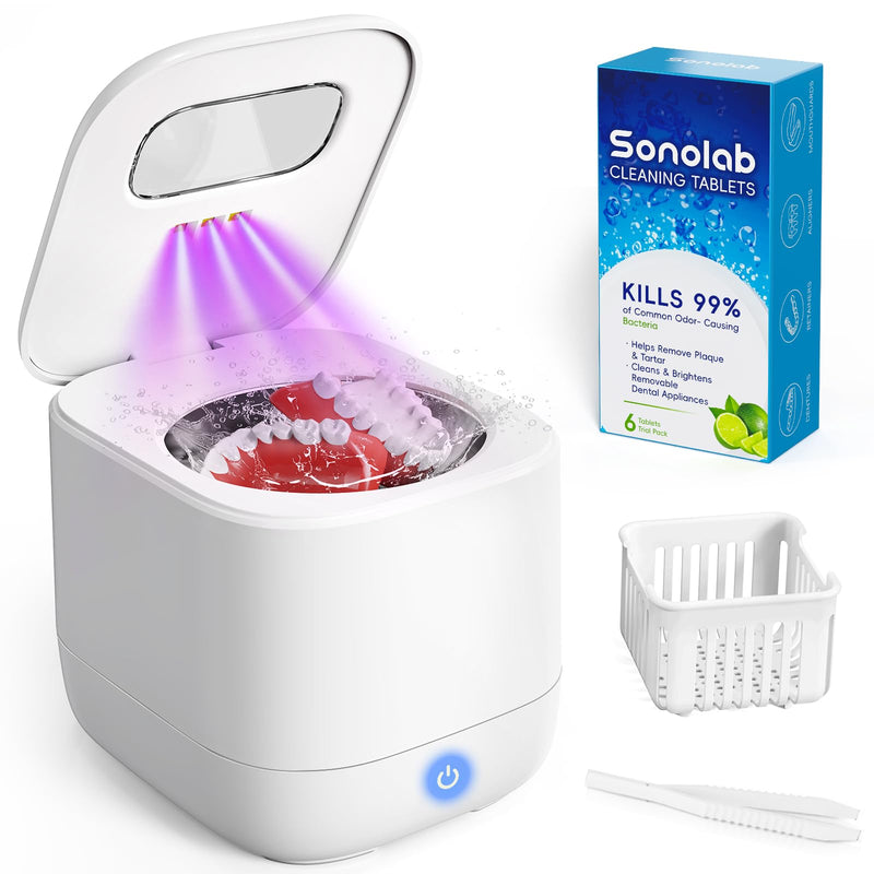 [Australia] - Sonolab Ultrasonic Retainer Cleaner Machine with Removable Tank and Cleaning Tablets, 45kHz Sonic Dental Cleaning Pod, 240ml Large Capacity Ultrasonic UV Cleaner for Dentures, Aligners, Mouth Guards 