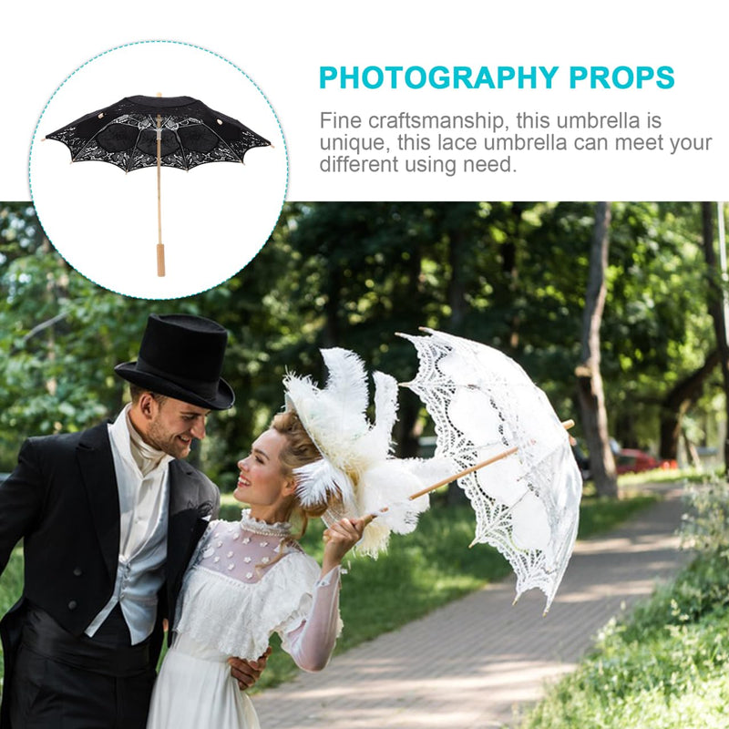 Toyvian Bridal Wedding Lace Parasol: 25.35 Inches White Lace Umbrella Women Vintage Umbrellas Handmade Boho Parasol with Black