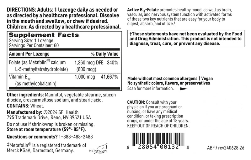 Klaire Labs SFI Health Active Vitamin B12, 60 Count | Supports Red Blood Cell Function, Healthy Mood, Energy, Cognition & Neurological Health, Folate Supplement, Highly Potent
