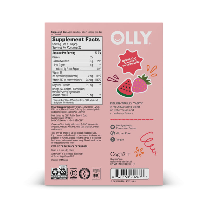 OLLY Focus Buddies L’OLLY Pops, Cognizin, Vitamins B6 and B12, Omega-3 ALA, Supports Focused Attention and Healthy Brain Function,* Kids 4+ Dietary Supplement, Watermelon Strawberry Flavored, 25 Count