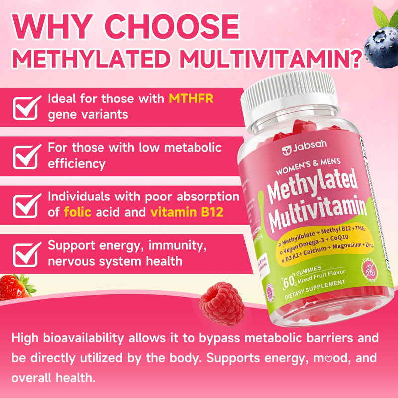 Methylated Vitamin B Complex Gummies for Women & Men, Multivitanins Gummy with Vitamin A, C ,E, Methylfolate & B12, TMG, Calcium, D3 K2, Magnesium & More for Overall Health-Vegan, Sugar Free,120 Cts 60 Count (Pack of 2)