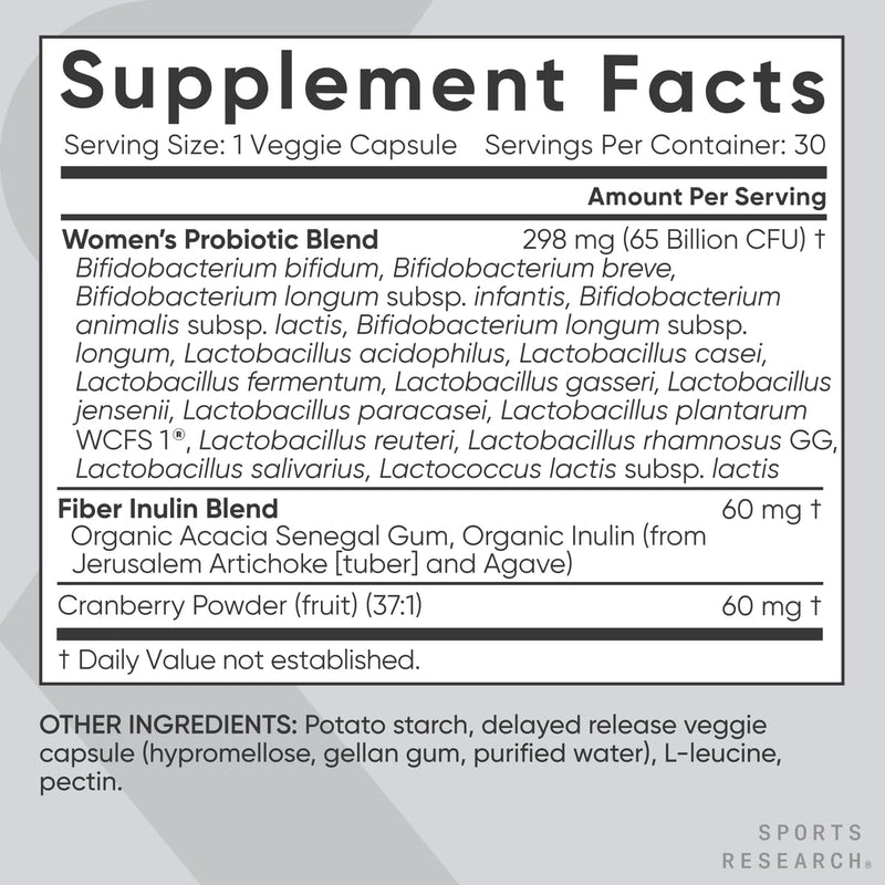 [Australia] - Sports Research Women's Probiotics with Prebiotics, 65 Billion CFU - Vegan Capsules for Gut Health & Digestive Support, Probiotics for Women with Cranberry - Non-GMO Verified & Gluten Free - 30 Count 