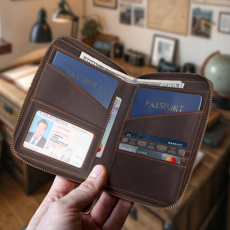Polare Full Grain Leather Dual Passport Wallet and RFID Blocking Bifold Passport Cover Travel Document Organizer Holder 2 Passports (Dark Brown) Dark Brown