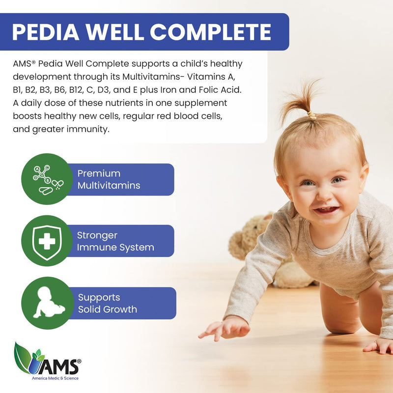 America Medic & Science PediaWell Complete (50mlL) | Liquid Multivitamin for Kids | Iron Supplement with Vitamins A and C for Babies and Toddlers | Vitamin Drops for Enhanced Growth and Development Complete, Natural Raspberry