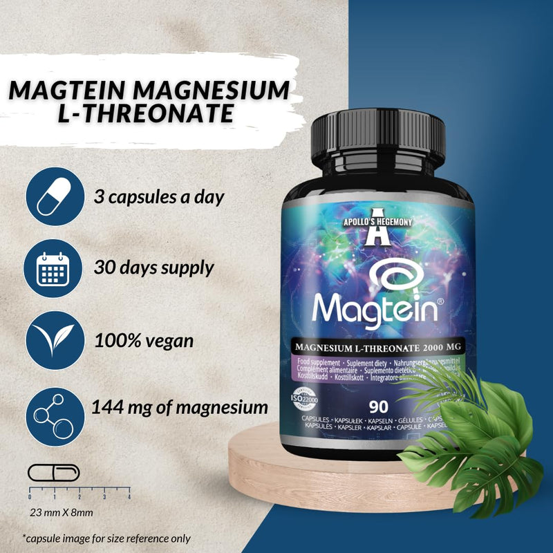 Magtein® Magnesium L-Threonate 144 mg per Daily Dose - 90 Vegan Capsules - 30-Day Supply - for Cognitive Function Support - by Apollo's Hegemony Capsule 90 count (Pack of 1)