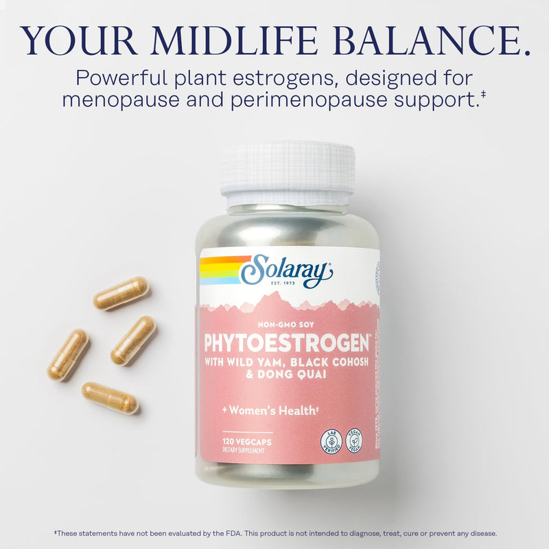 [Australia] - SOLARAY PhytoEstrogen Menopause Supplements - Wild Yam, Black Cohosh, and Dong Quai Estrogen Pills for Women's Health - Vegan, Lab Verified, 60-Day Guarantee (30 Servings, 120 VegCaps) 120 Count (Pack of 1) 