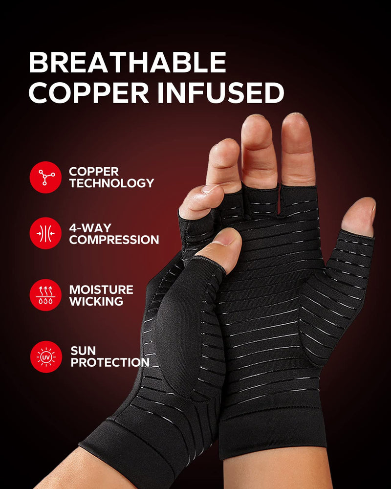 [Australia] - BraceBull Arthritis Gloves (2 Count), Copper Infused Fingerless Compression Gloves for Hand Pain, Carpal Tunnel, RSI, Rheumatoid, Tendonitis, and Relieve Muscle Pain for Women & Men (M, Black) Medium 
