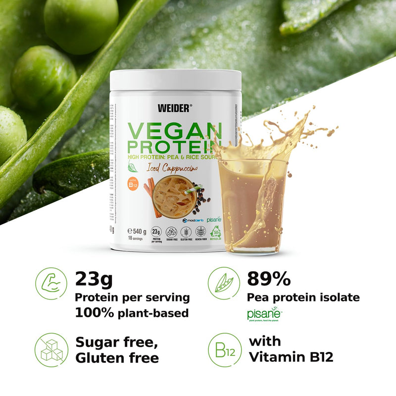 Weider Vegan Protein (540g) Iced Cappuccino Flavour. 23g Protein/dose, Pea Isolate (Pisane) & Rice Protein. with Vitamin B12 & Stevia. Gluten Free, Sugar Free. Packaging 50% Recycled 100% Recyclable
