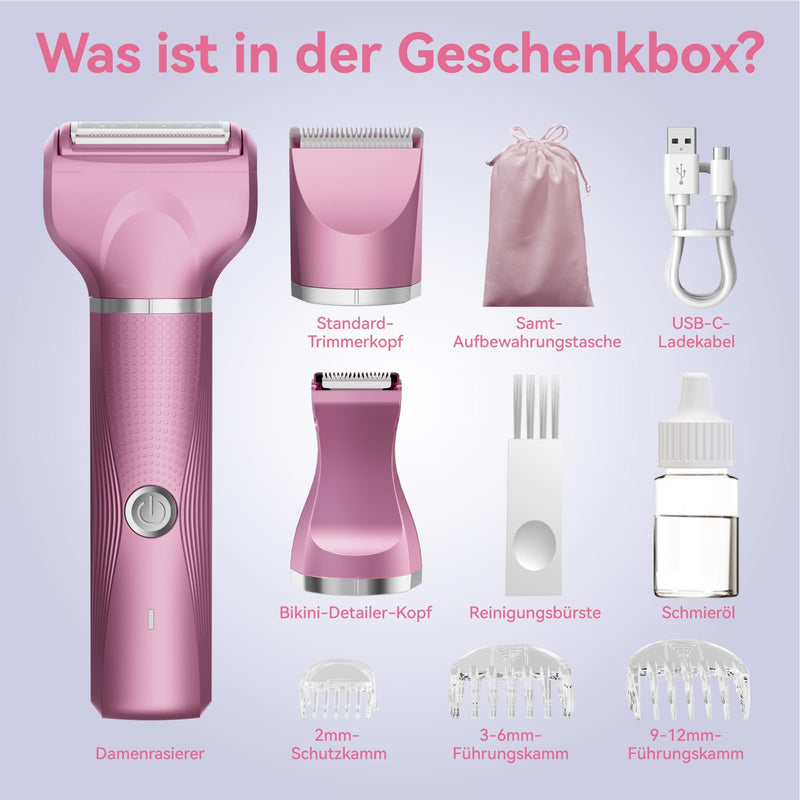 [Australia] - Unibono women's electric razor kit, 3-in-1 intimate razor for women, women's razor wet and dry razor trimmer for bikini area, armpits, legs, USB-C rechargeable with storage bag, pink 