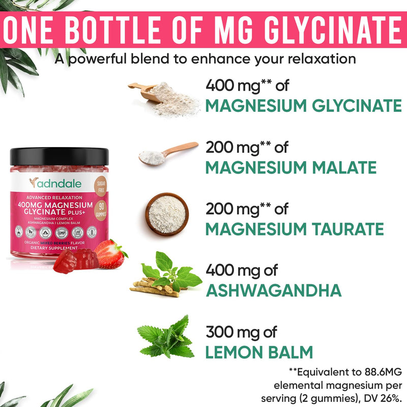 [Australia] - Adndale 90 CT Magnesium Glycinate Gummies 400 mg/Serv with Ashwagandha, Magnesium Malate & Taurate, Sugar Free Chews for Adults & Kids. Mixed Berry 90 Count (Pack of 1) 
